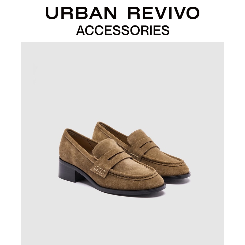 URBAN REVIVO2025冬季新款女士复古乐福真皮单鞋UAWS50119