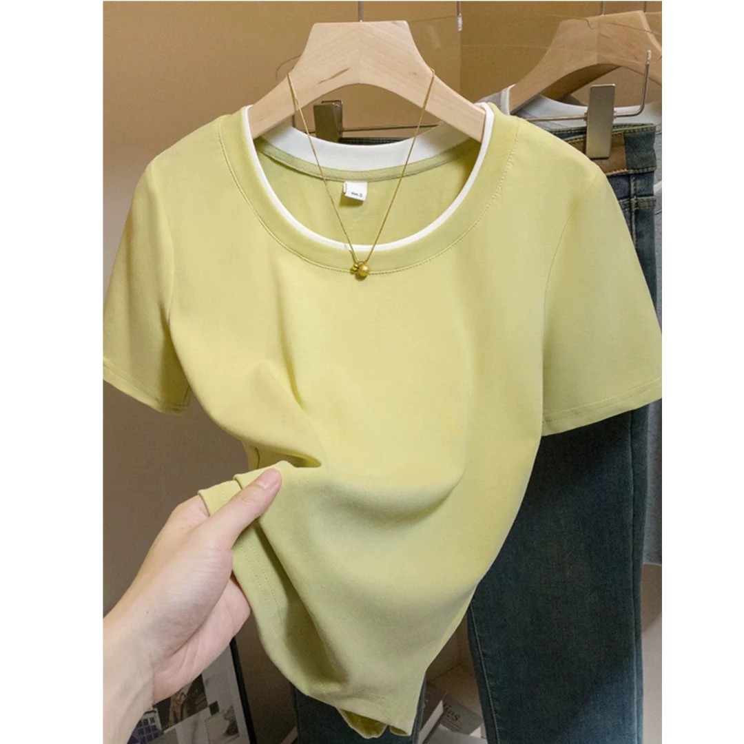 大码胖mm2025新款设计感欧若风修身别致上衣女遮肉显瘦假两件T恤