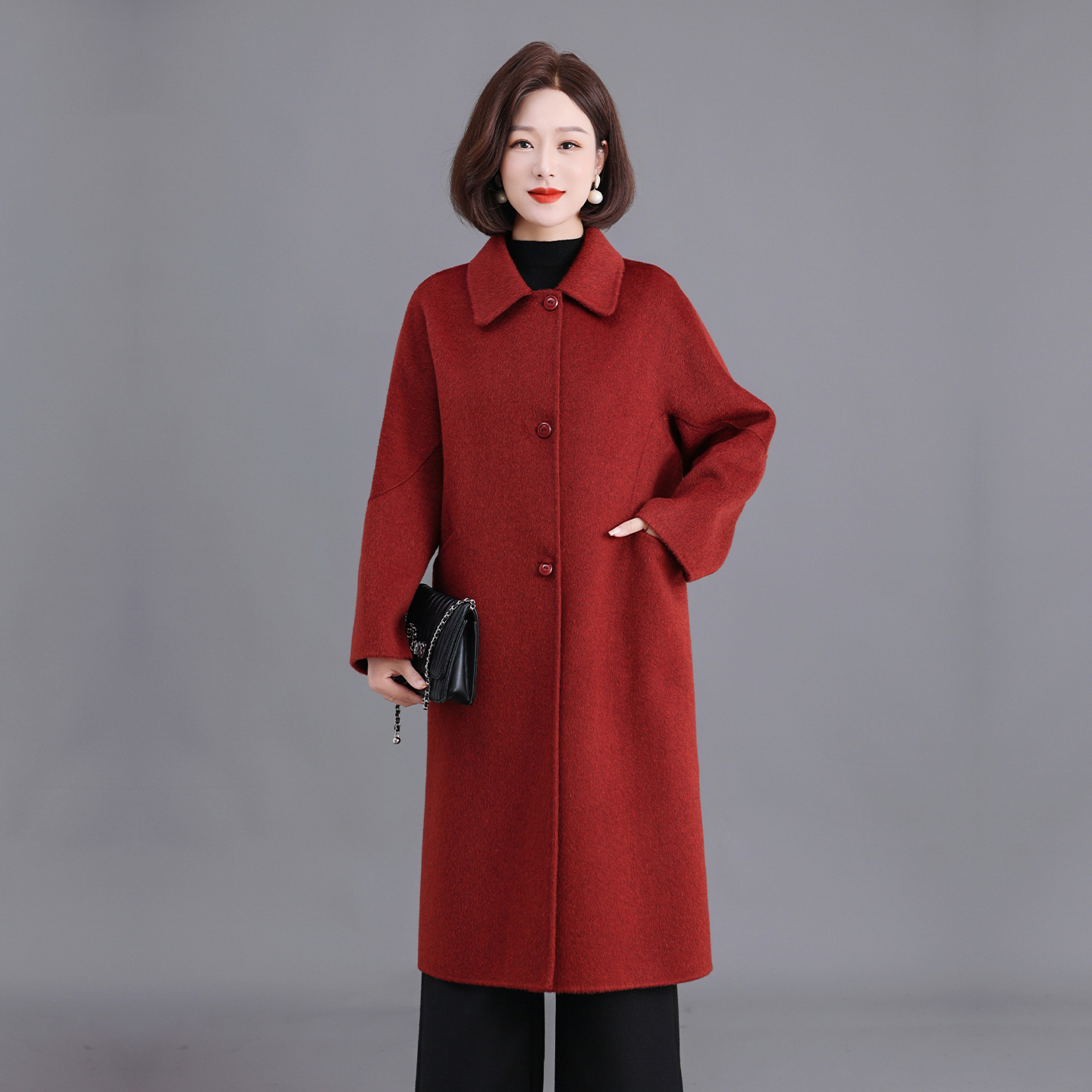 100%纯羊毛冬装双面羊毛大衣女中长款妈妈宽松显瘦厚款毛呢外套