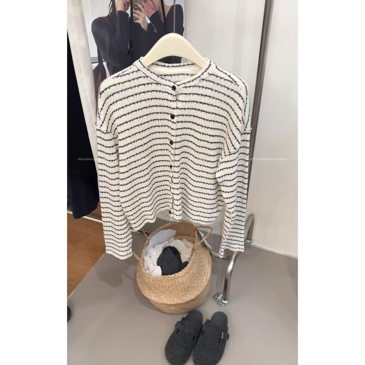 【mooi】'条纹织物'秋冬新款韩版ins风小众设计感针织开衫