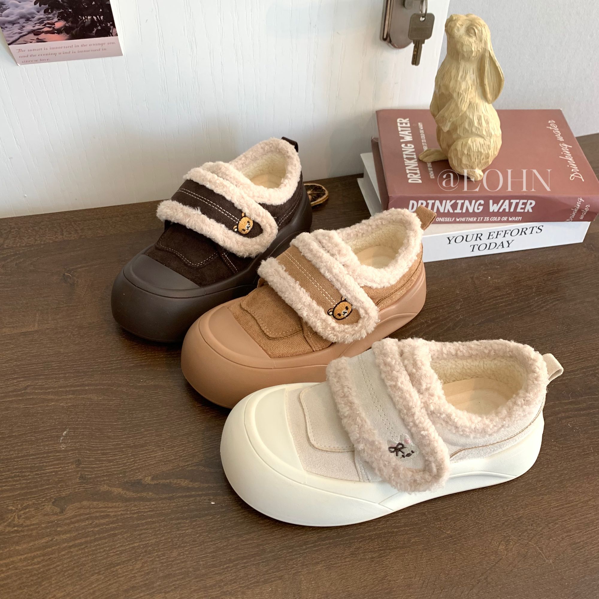 【eohn】2025冬季纯色加绒魔术贴棉鞋保暖休闲拼色可爱小众休闲鞋