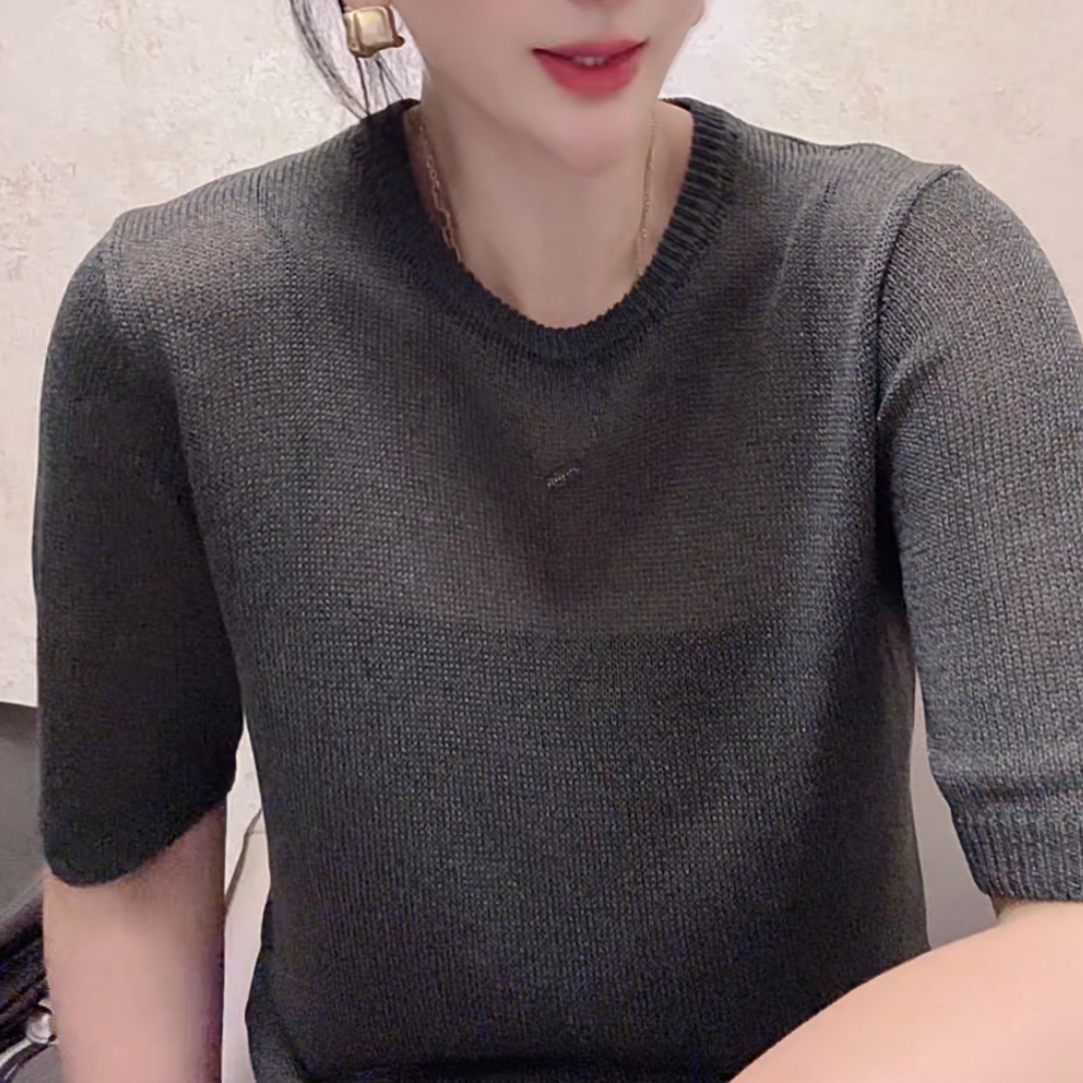 2025夏季新款欧货时尚简约圆领宽松显瘦气质中袖针织衫女