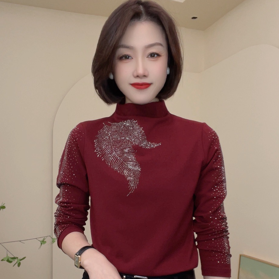 秋冬新款半高领洋气时尚百搭烫钻T恤设计感长袖气质简约女士小衫