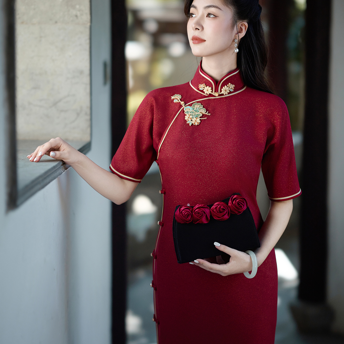盈禧 红色结婚金通正绢高端传统古法平裁手工旗袍