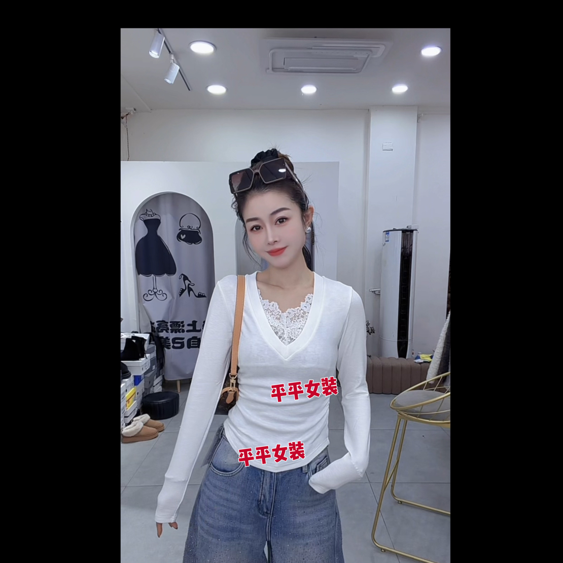 炫彩阁1281【秋冬新款纯欲风加绒蕾丝拼接V领百搭上衣