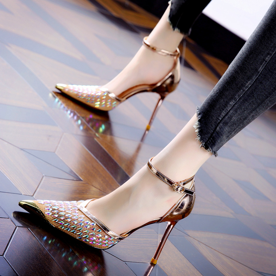 包头时尚一字带夏季浅口性感气质拼接烫钻尖头细跟高跟鞋3376-1