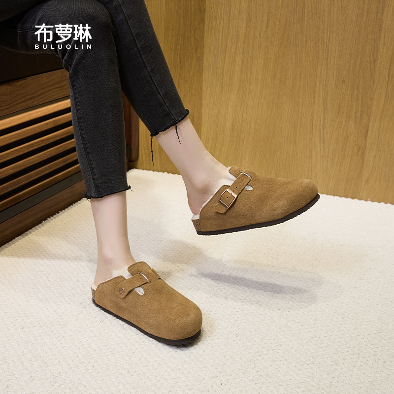 布萝琳勃肯男女款绒面全包毛毛拖鞋秋冬季一脚蹬加绒博肯半拖棉拖