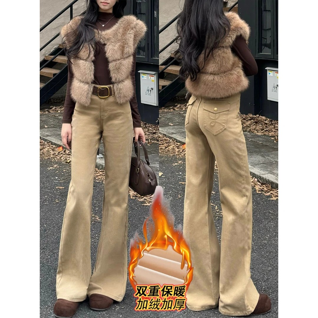 琥珀流光卡其微喇牛仔裤女秋冬季不贴腿小个子高腰显瘦喇叭拖地裤