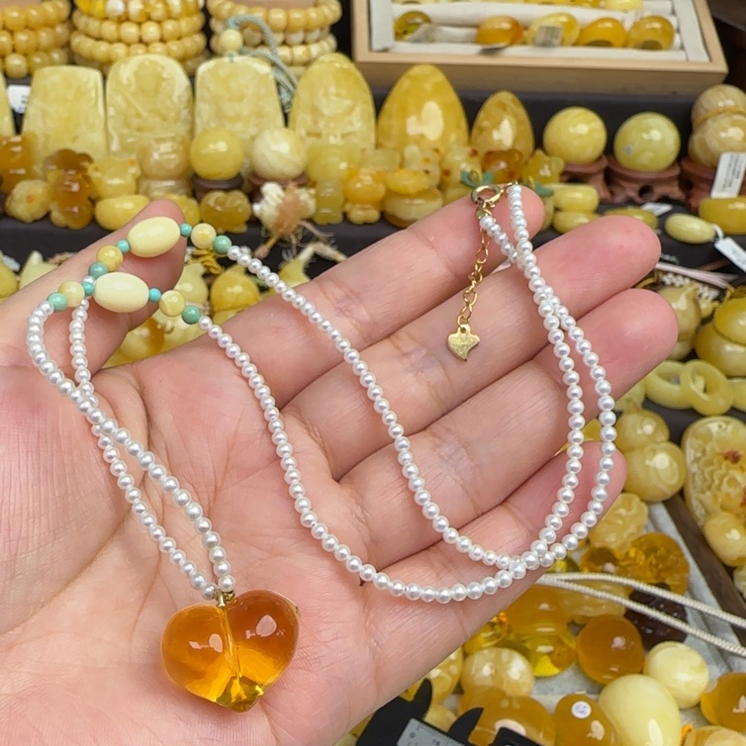 未镶嵌套链琥珀天然度假金珀屁桃爱心