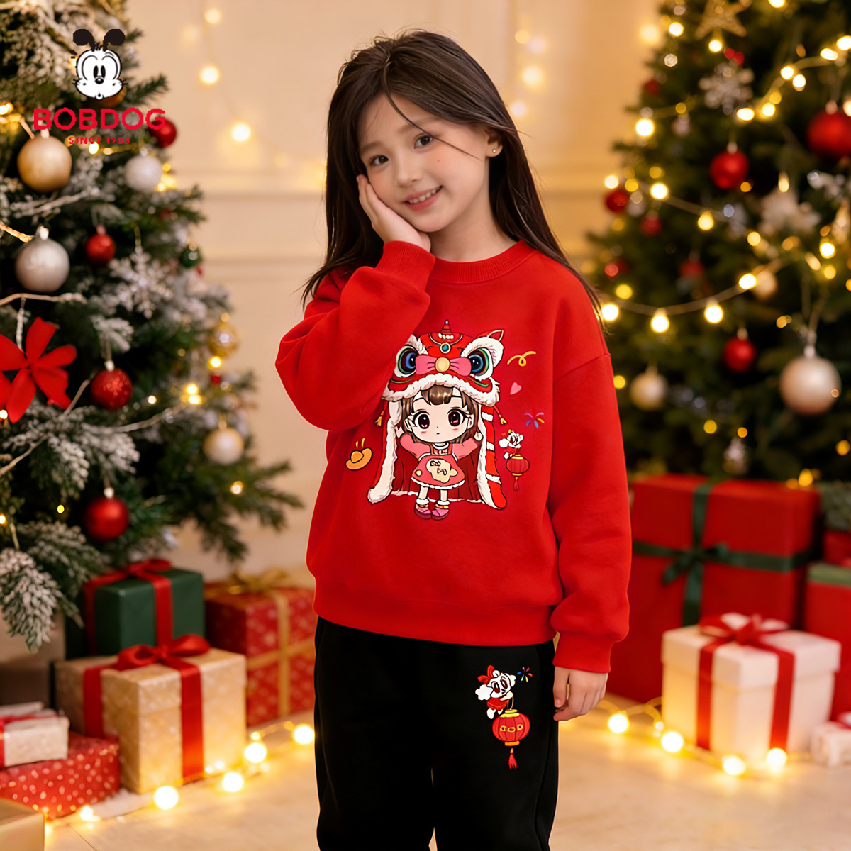 巴布豆女童新年加绒卫衣2026新款中大童拜年服喜庆保暖女孩上衣