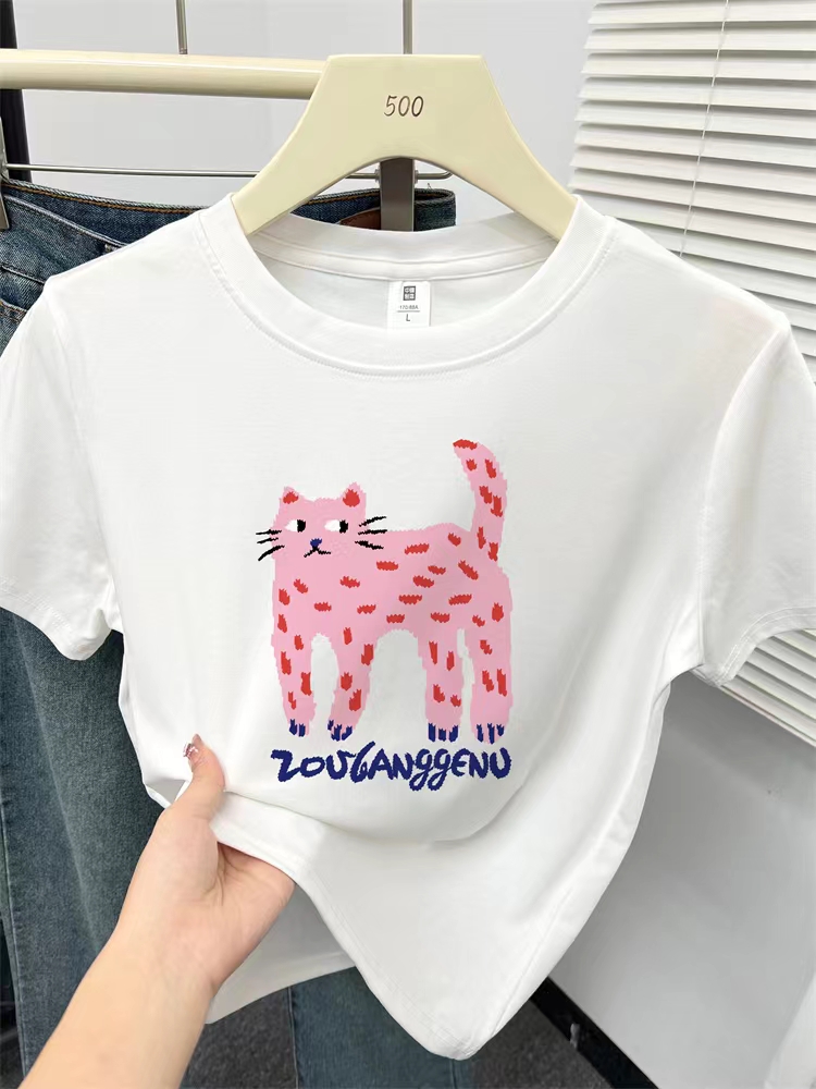 【打打】短袖t恤女装夏季小众设计感猫咪印花小个子显瘦圆领上衣