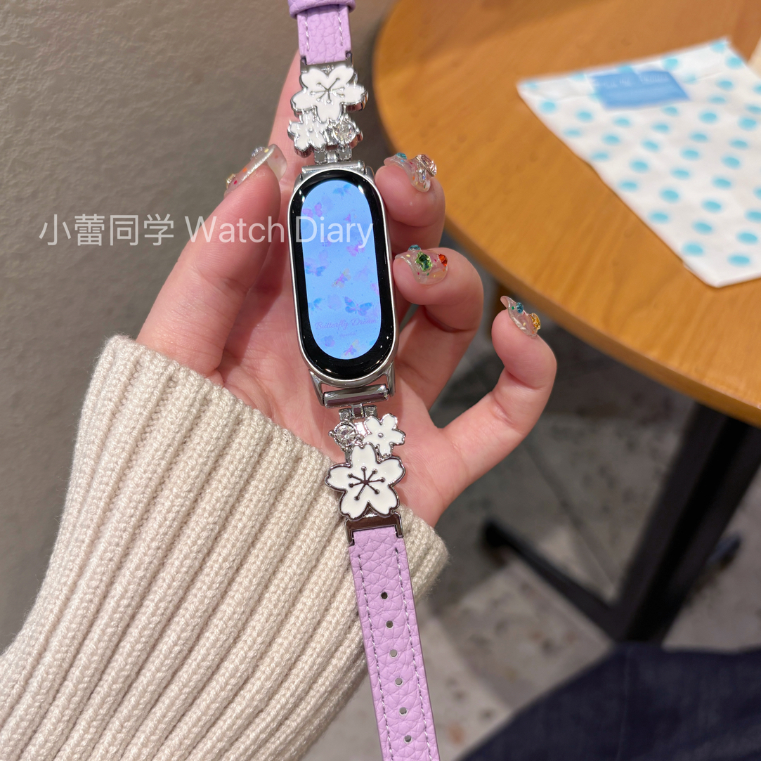 樱花皮革金属表带适用小米华为手环10陶瓷版nfc气质高级秋冬爆闪