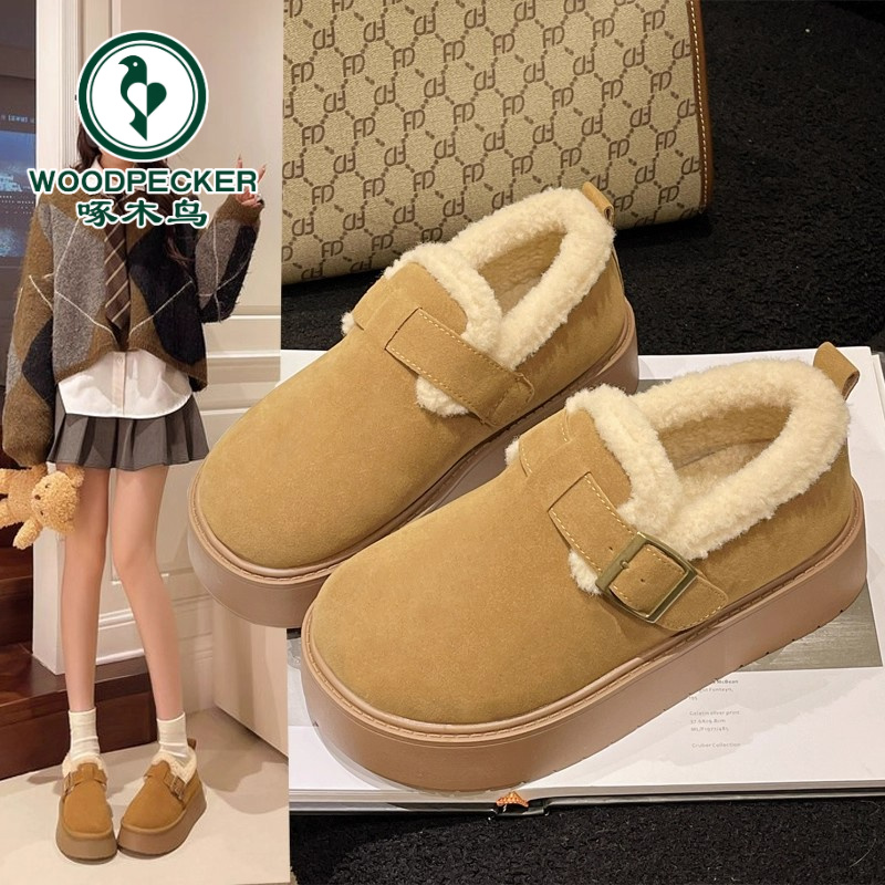 啄木鸟复古勃肯鞋女冬加绒2025新款厚底增高乐福鞋保暖雪地靴棉鞋
