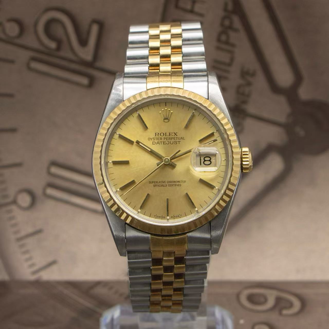 95新 Rolex/劳力士 日志/16233/老钱风香槟条刻/36mm/单表