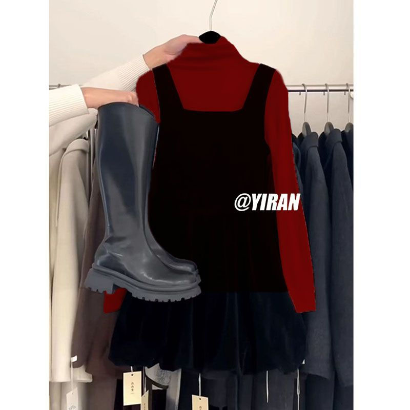 秋冬穿搭女2025新款韩版时尚气质打底衫背带连衣裙两件套装