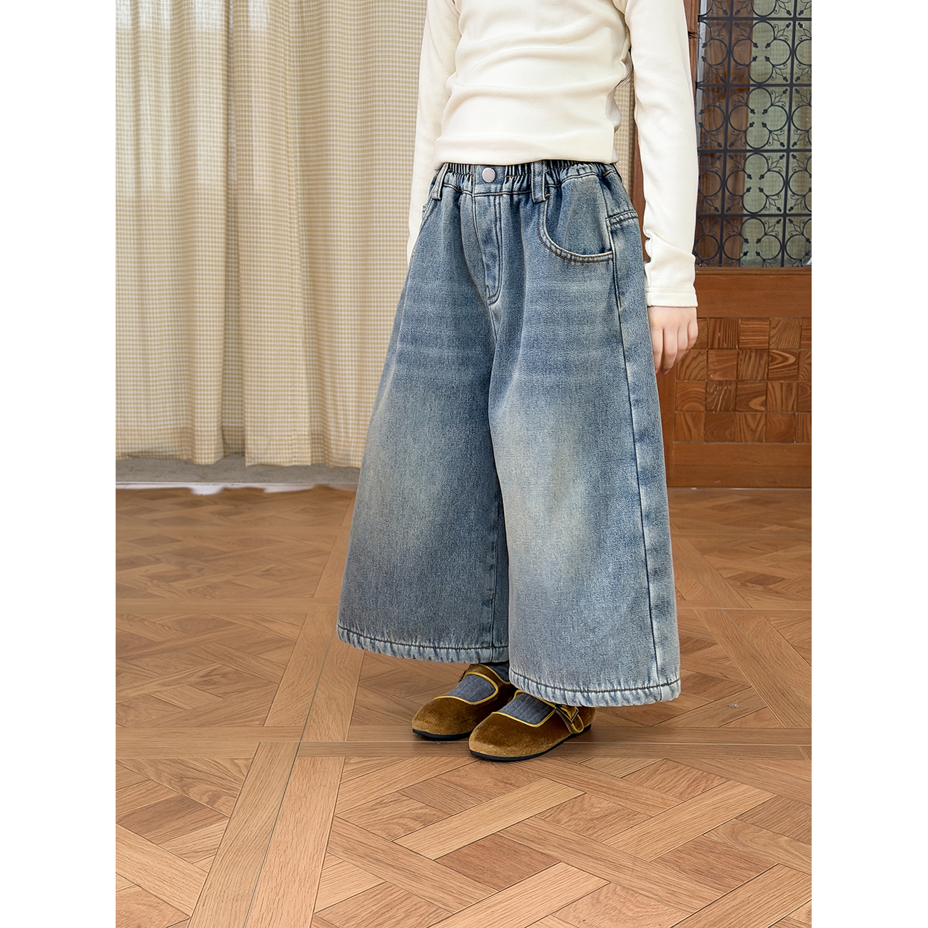 Harper kids 韩版秋冬儿童百搭加绒直筒九分牛仔裤 H25A021069