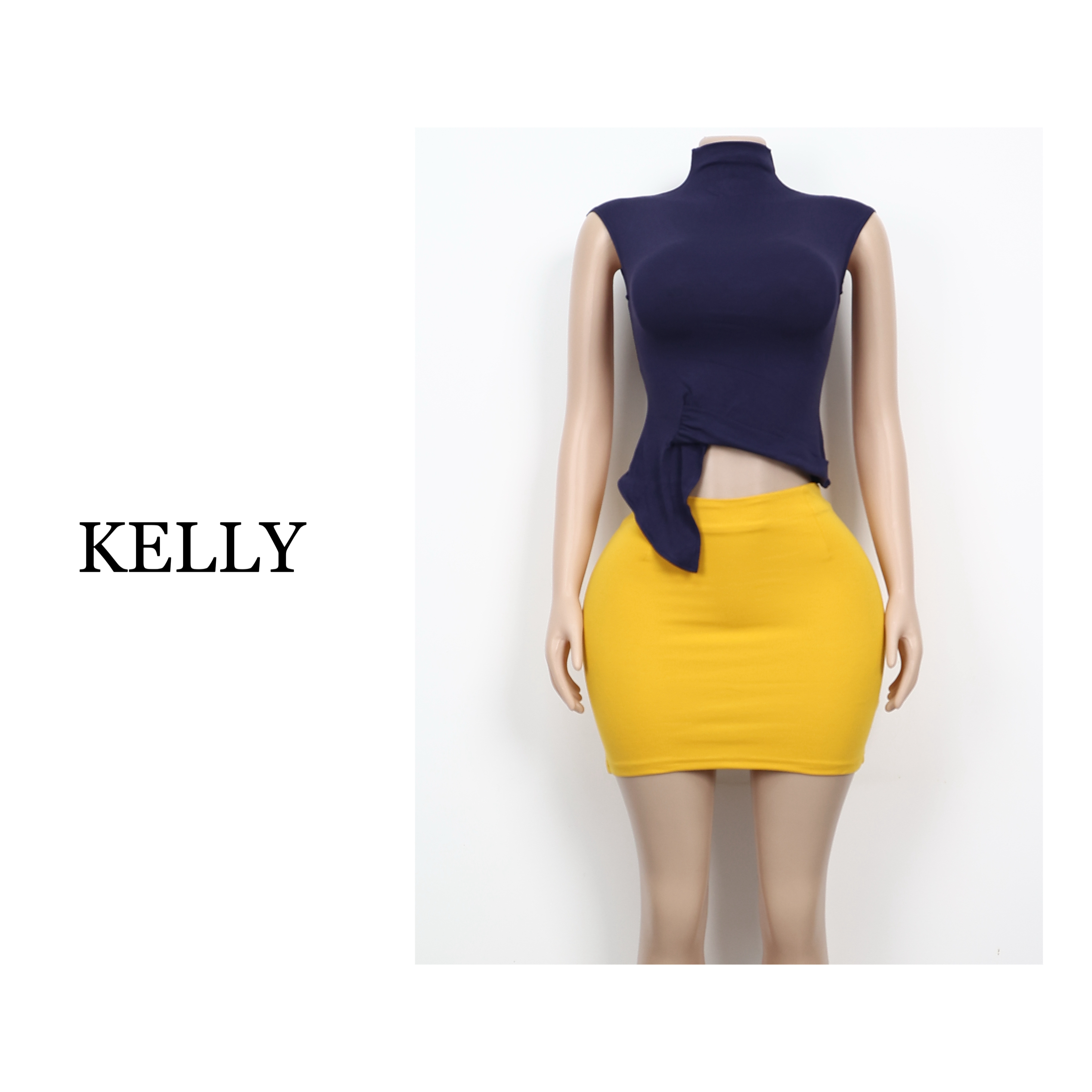 KELLY/韩女套装/半高领设计感无袖T恤搭配收腰包臀裙/逆天比例