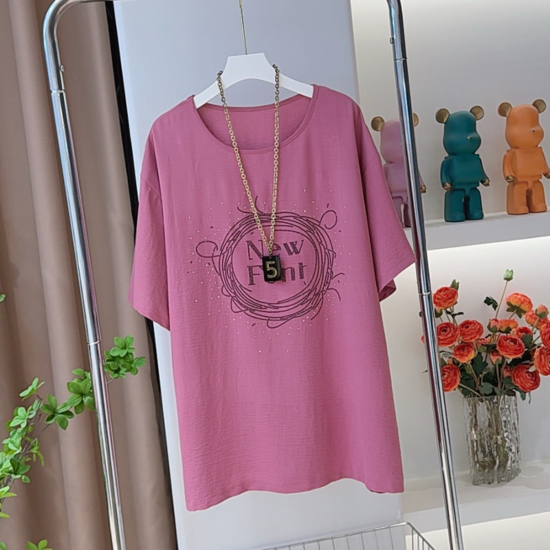 2047欧货烫钻圆圈字母短袖T恤夏季休闲宽松显瘦中长款百搭上衣女