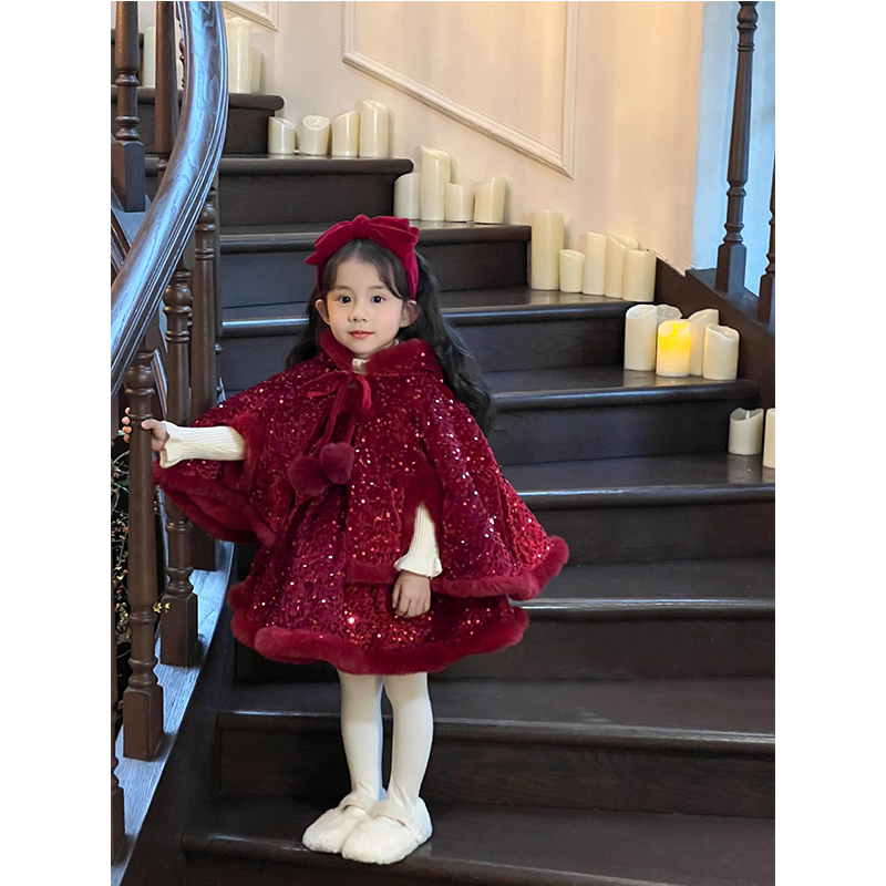 【本妈】“圣诞礼物”夹棉亮片斗篷披风+加绒吊带亮片裙250232 39‘9