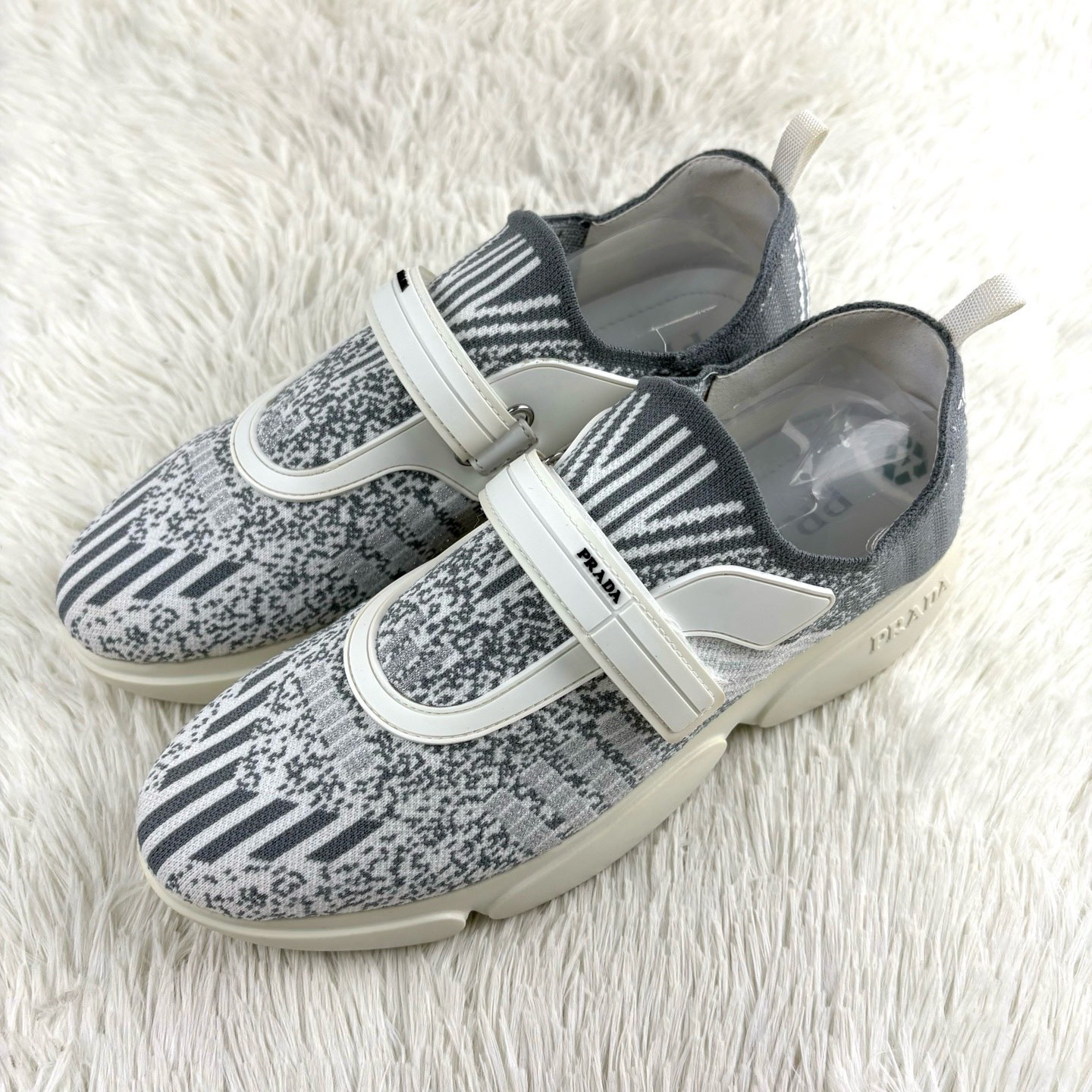 95新 Prada/普拉达 白灰编织厚底老爹鞋38.5码