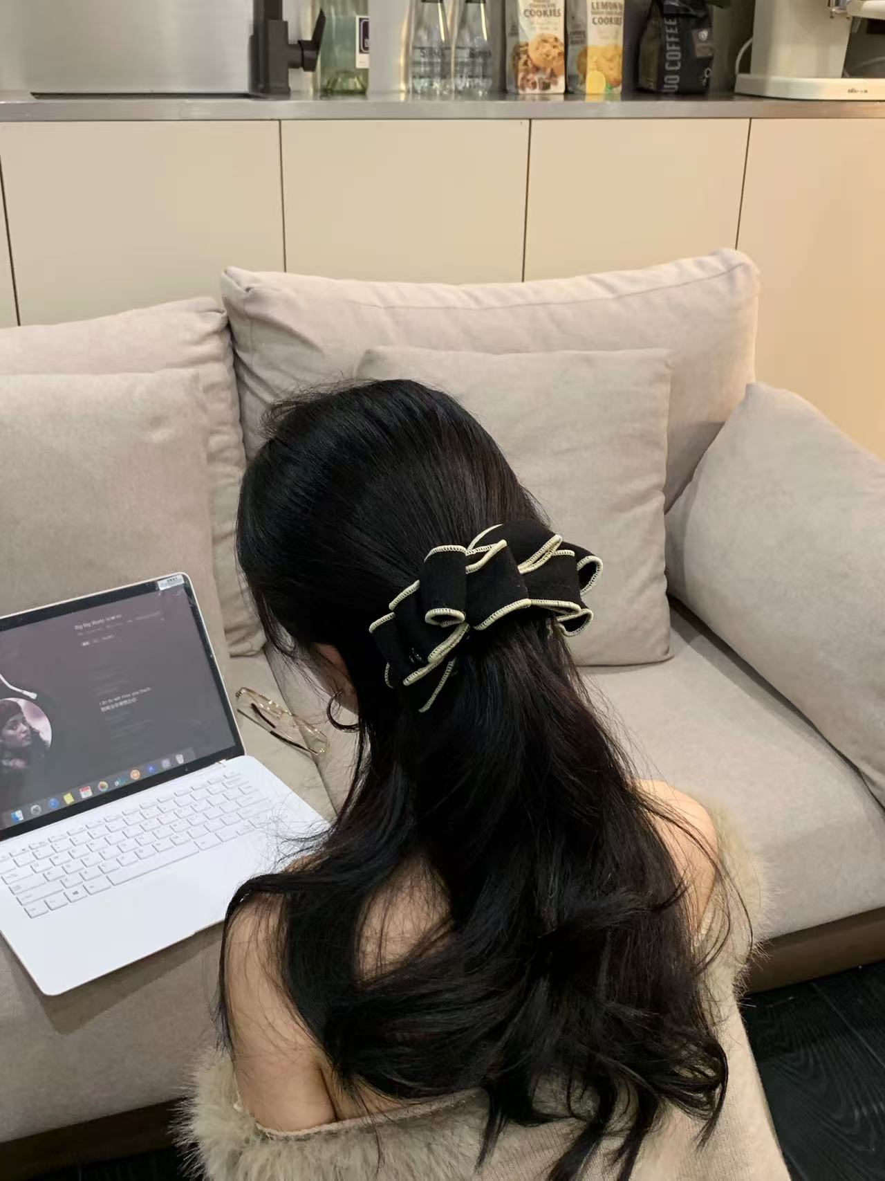 韩版新款毛呢蝴蝶结香蕉夹可爱风简约风发夹发饰竖夹横夹