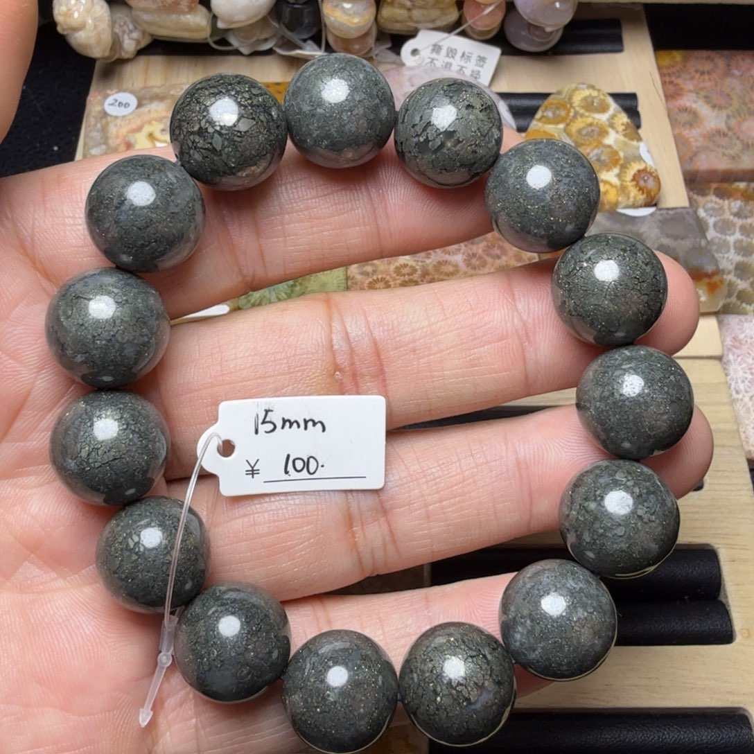 石英质玉未镶嵌纯天然色有机玉石保真色黑金沙圆珠手链