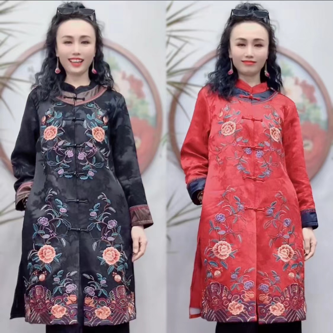 （衣长100左右）民族风刺绣牡丹中长款长袖立领女士风衣外套985