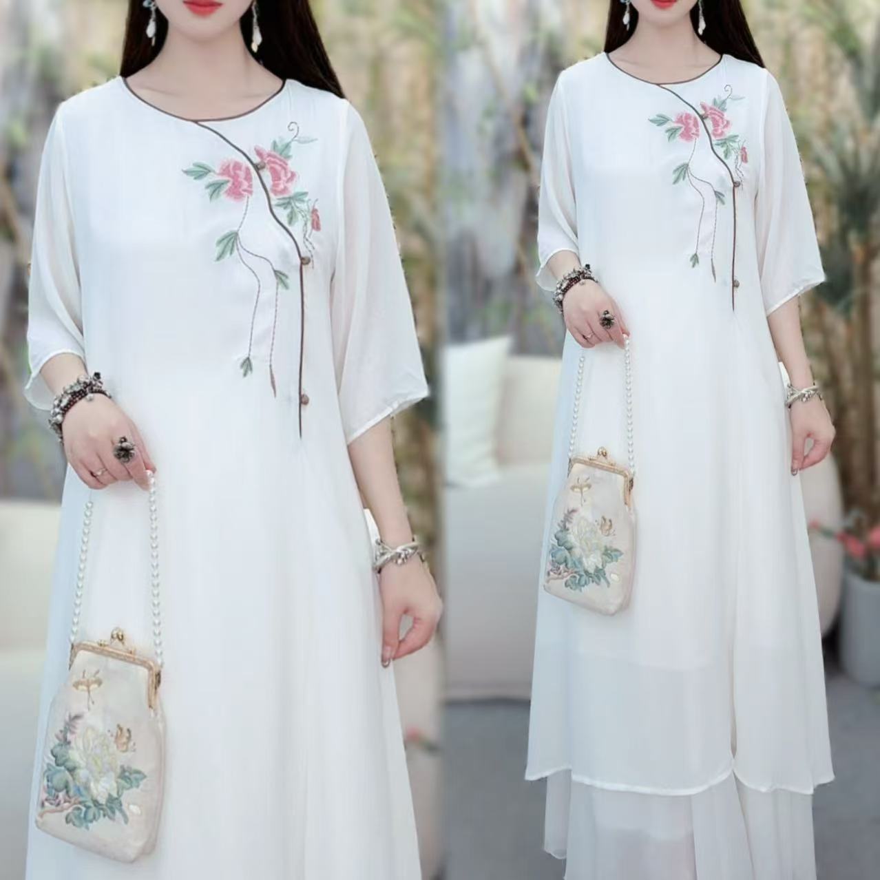 新中式国风圆领重工刺绣日常宽松休闲显瘦遮肉长款连衣裙3073