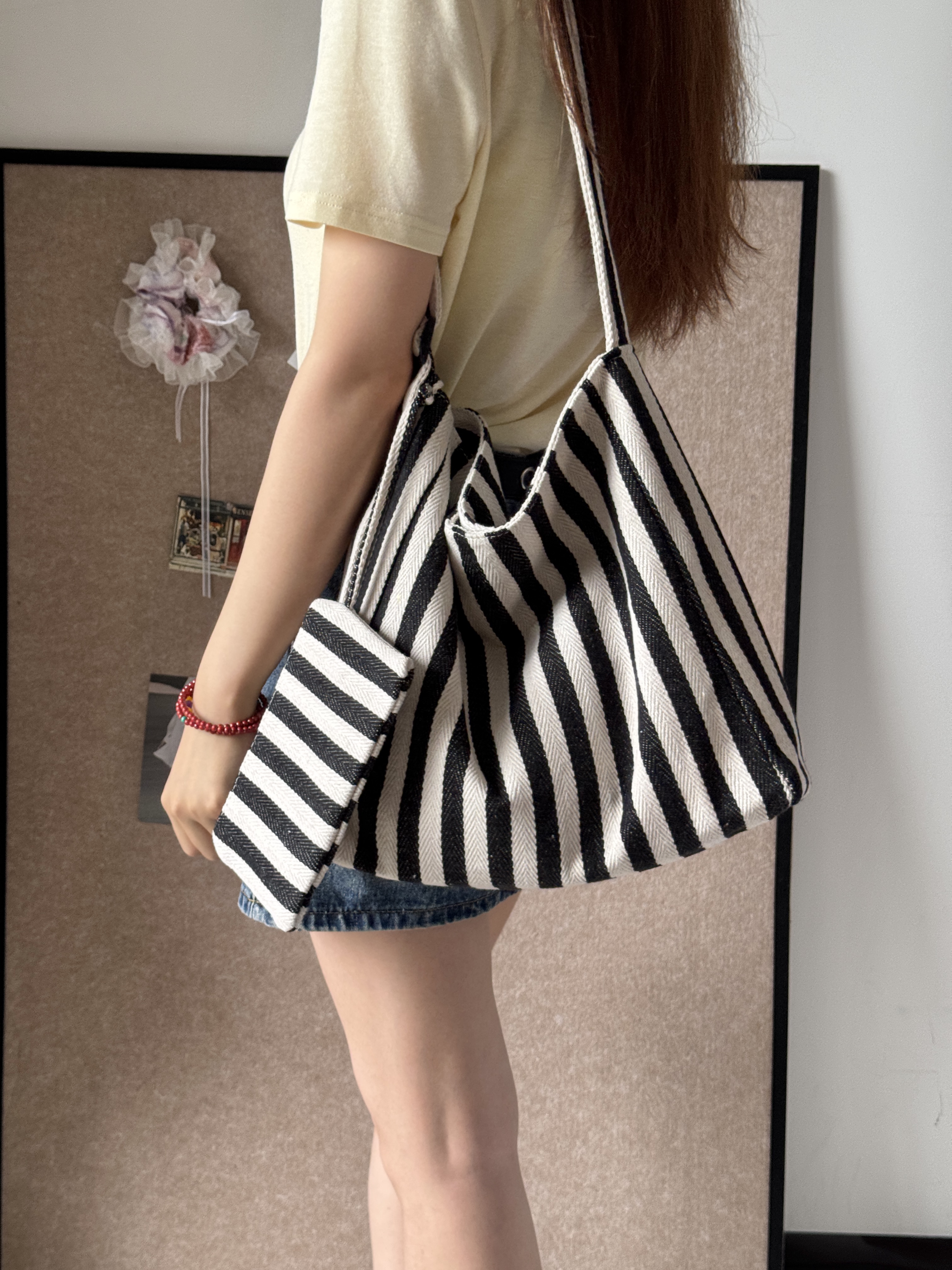 【菜芽子】2025新款韩系条纹帆布包女通勤单肩包大容量斜挎包托特包