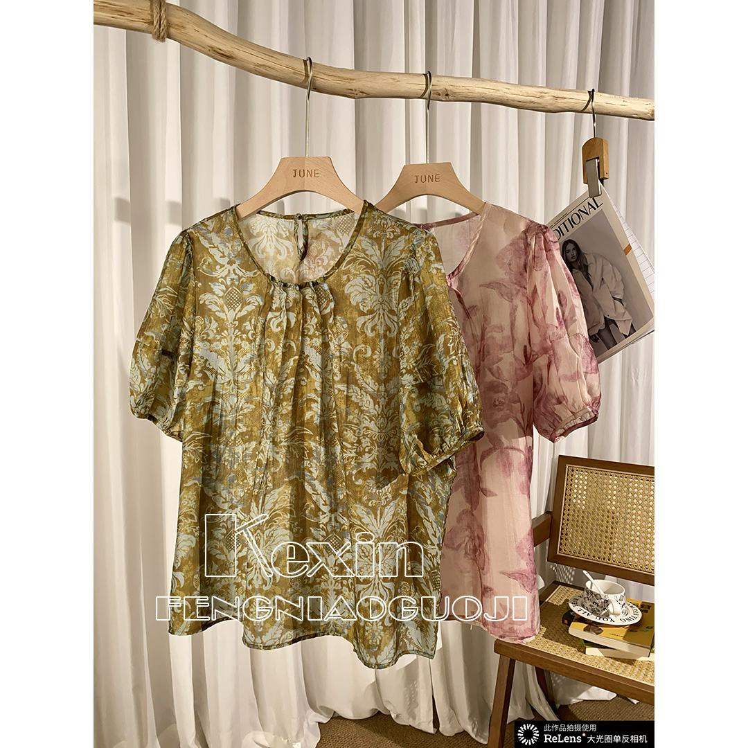 短袖通勤法式复古褶皱夏季小衫圆领衬衫印花宽松型