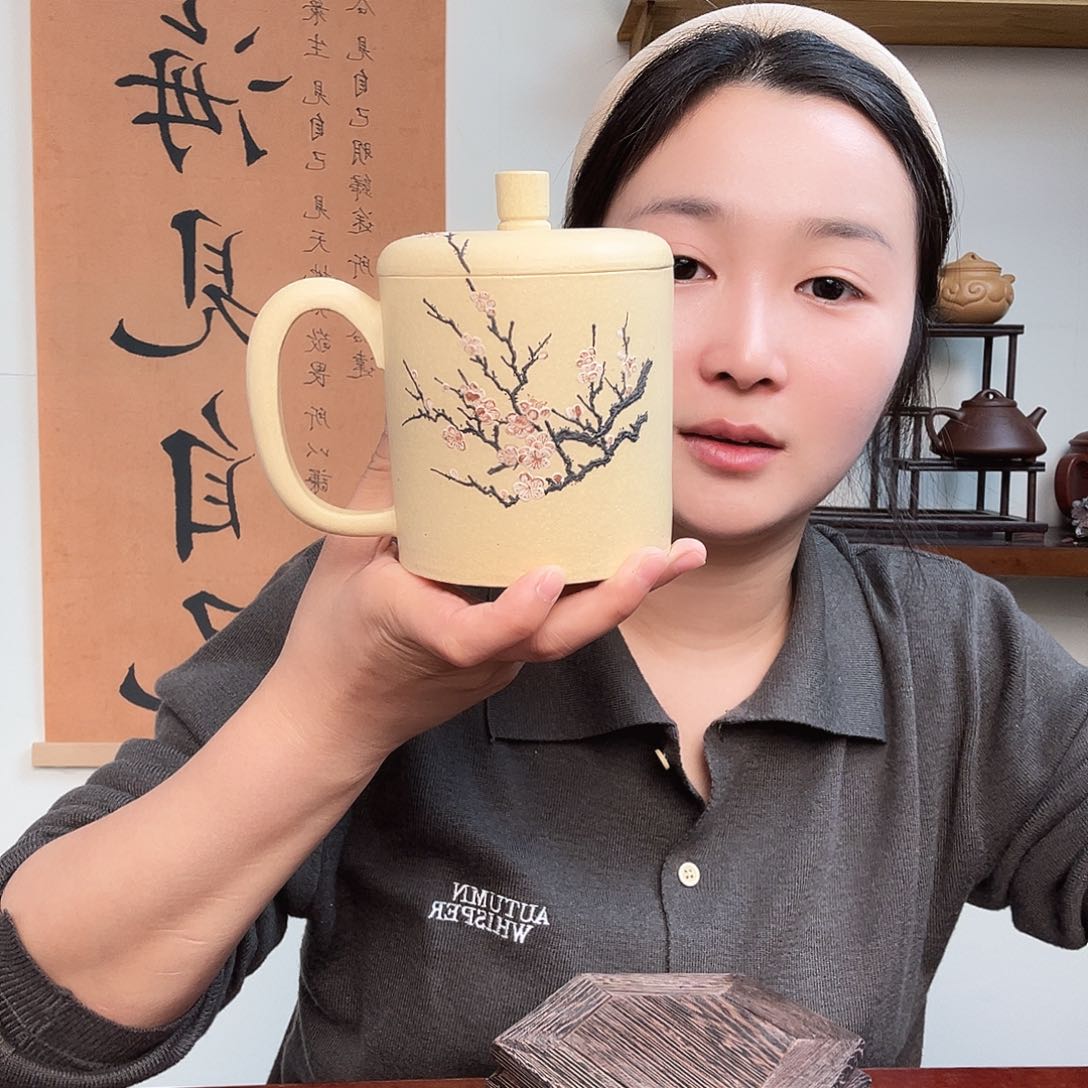 茶杯紫砂敏*微瑕紫砂盖杯本绿泥绘丰韵杯