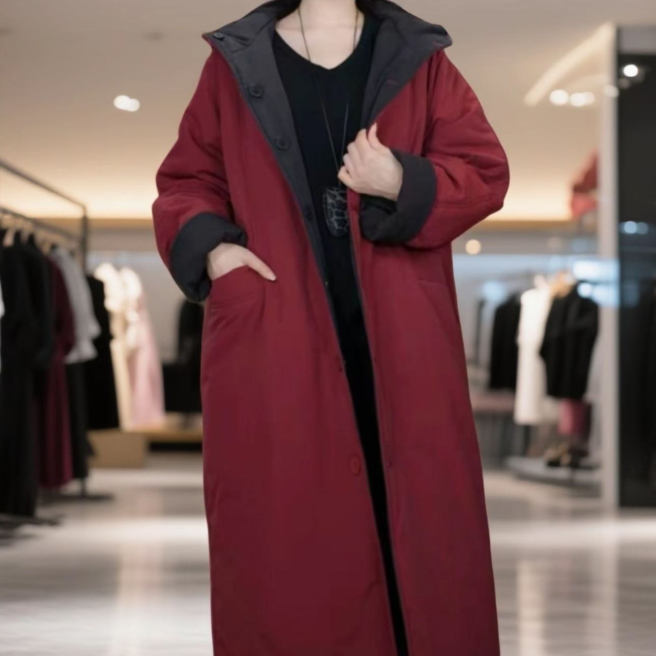 保暖女免烫厚款连帽长款棉衣棉服大衣女款加绒女士