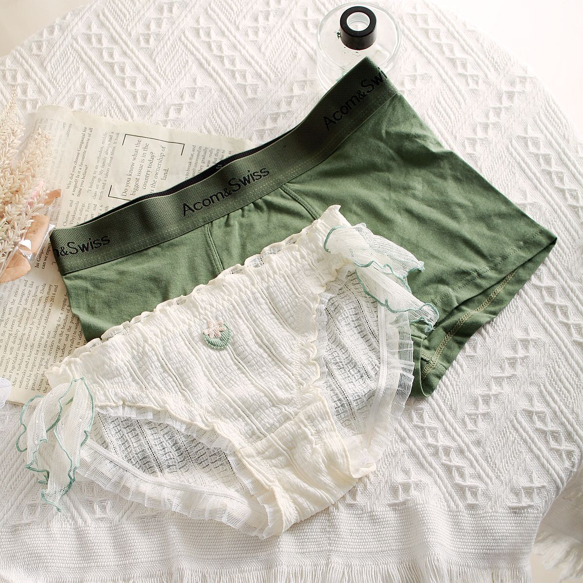 小草莓蕾丝内裤日系女生收腹系带蝴蝶结男士莫棉四角内裤韩系