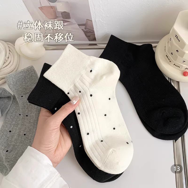 黑白灰色波点袜子女款短袜夏季薄款ins潮短筒袜白色中筒学生袜子