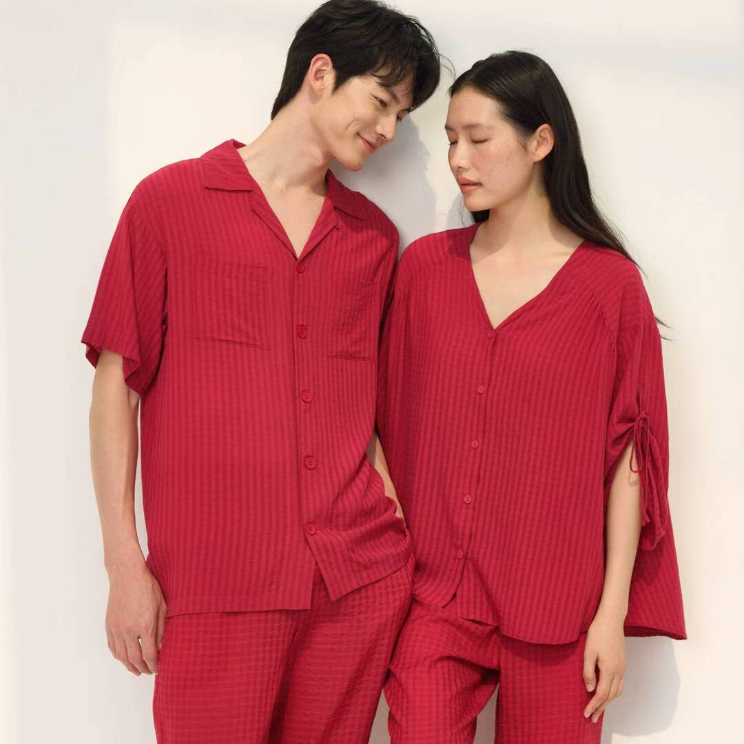 宽画云逸清风系列男士红色短袖舒适宽松天丝家居服套装