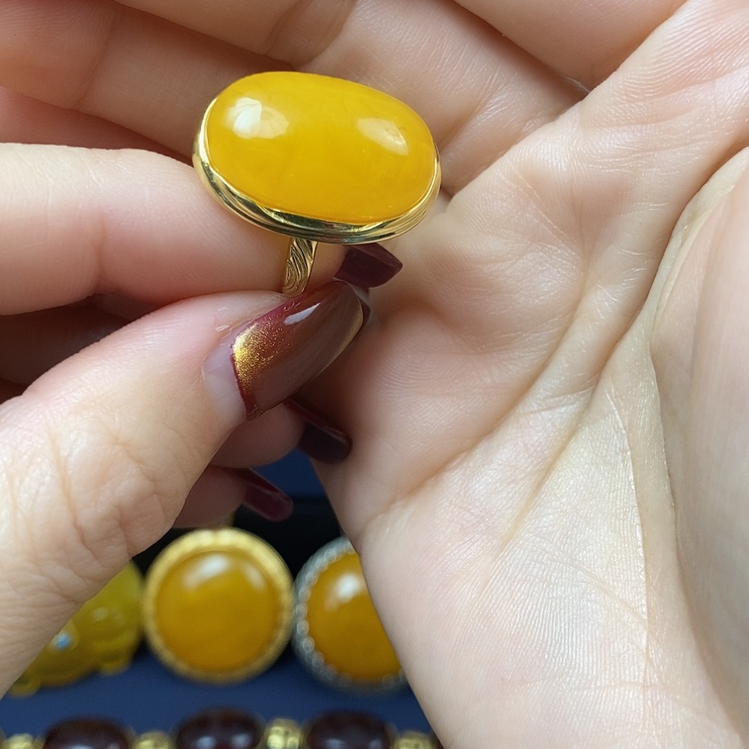 蜜蜡戒指银S925镀金镶嵌