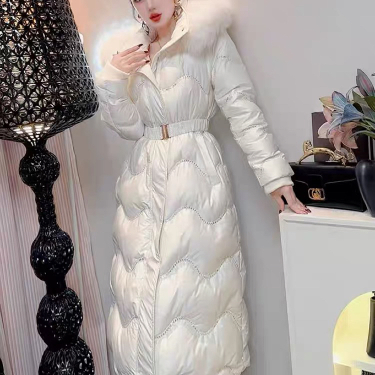 9926-G-1-1-1  纯色中长款毛领连帽收腰羽绒服气质显瘦厚款外套潮