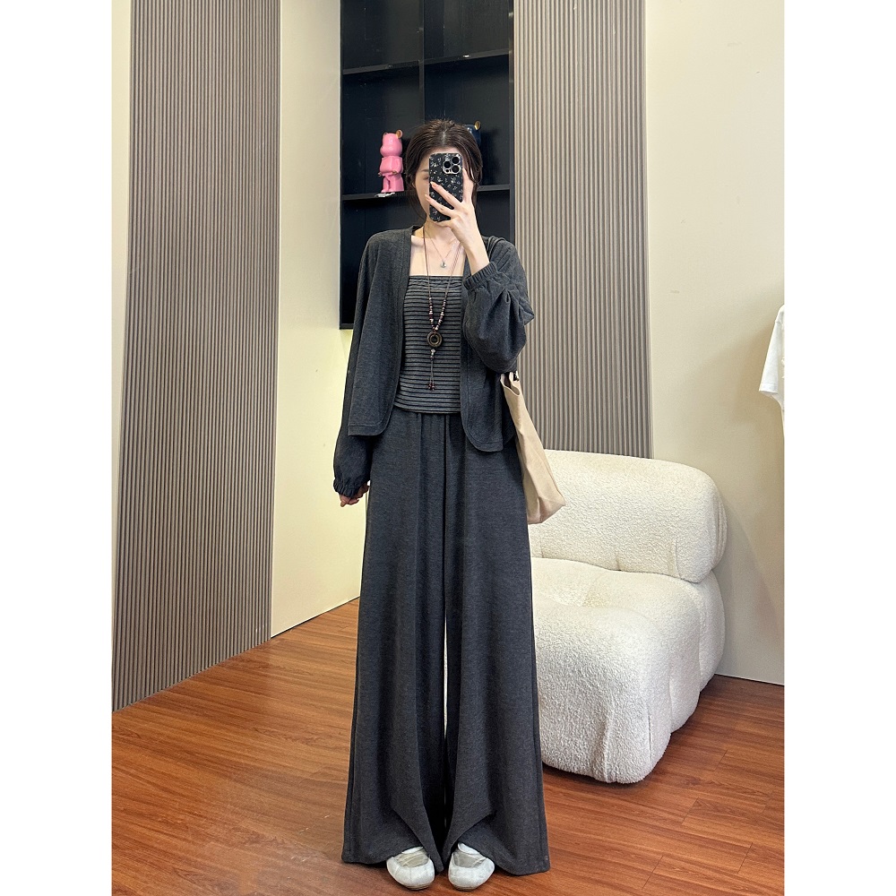 条纹吊带背心开衫外套+阔腿裤三件套女2025秋季新款休闲时尚套装