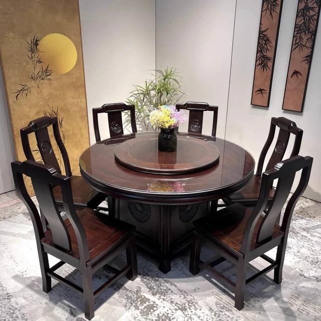 黑檀木实木餐桌椅组合新中式榫卯结构餐桌家用餐厅带转盘储物圆桌