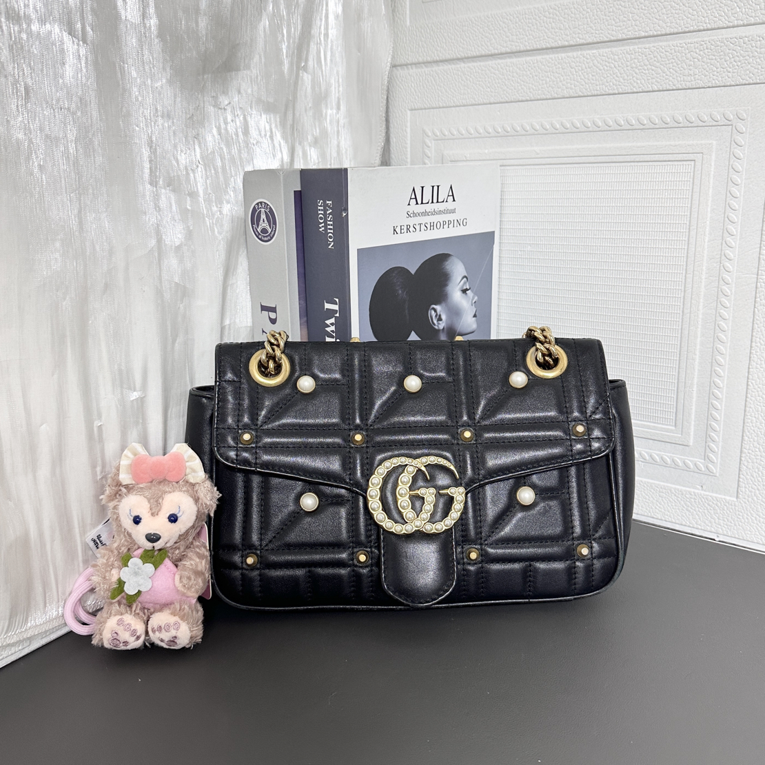 95新 GUCCI/古驰 95新黑色珍珠马蒙斜挎包