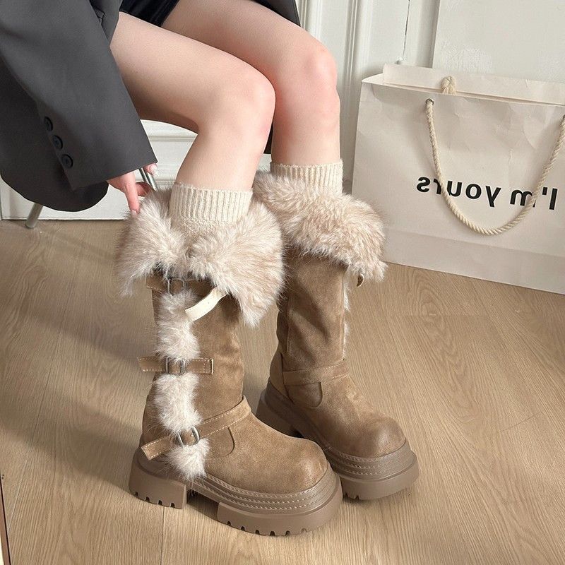 网红爆款厚底毛绒雪地靴女高筒加绒加厚保暖防滑长筒靴冬季时装靴
