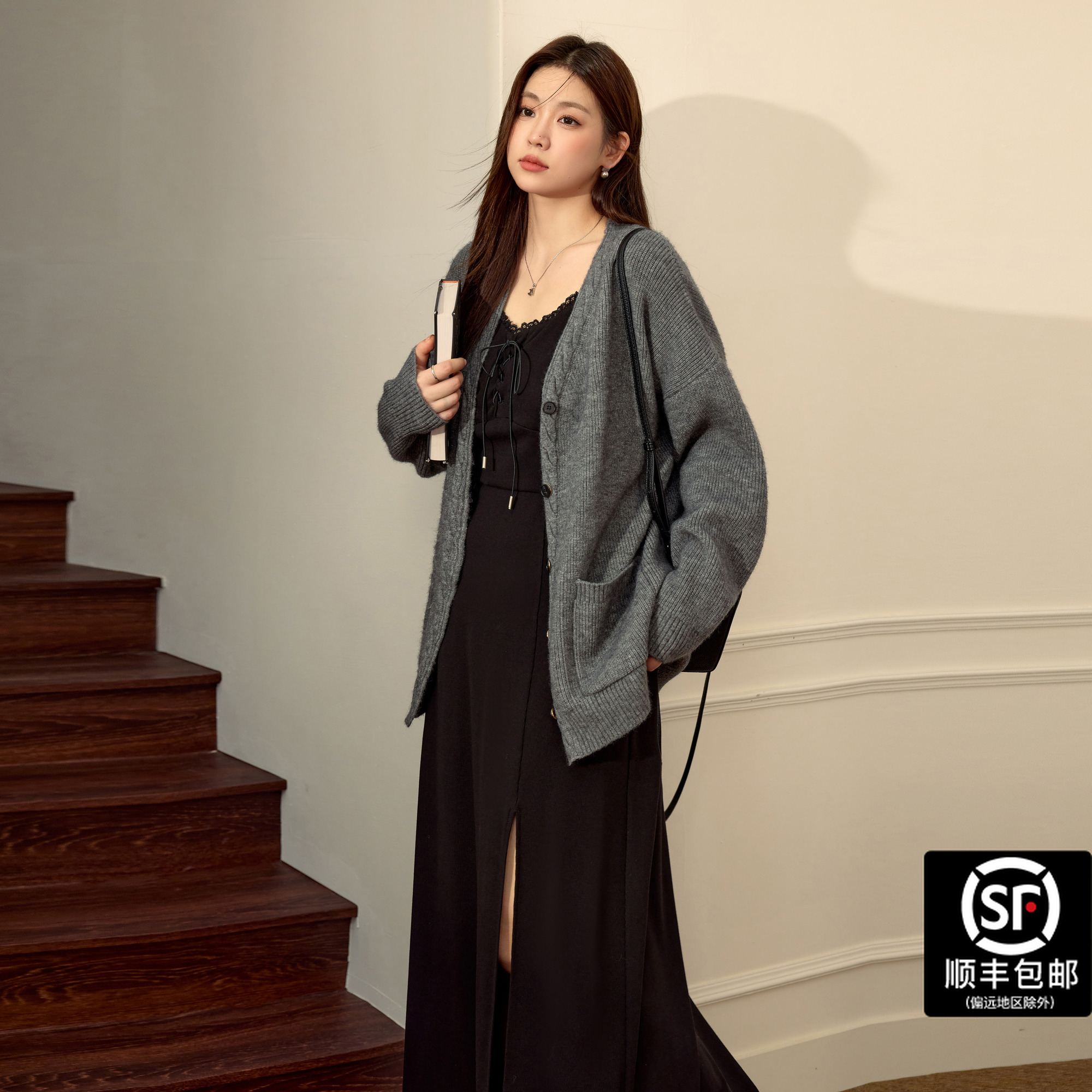 蓝语大码胖mm法式开叉吊带连衣裙慵懒风针织外套2025秋季显瘦套装