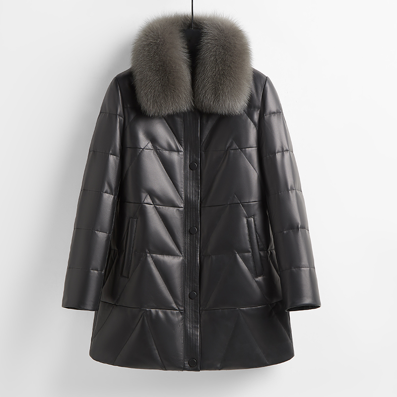 法歌弟FS2333-1秋冬百搭女士真皮保暖皮衣女外套加厚中长款皮衣