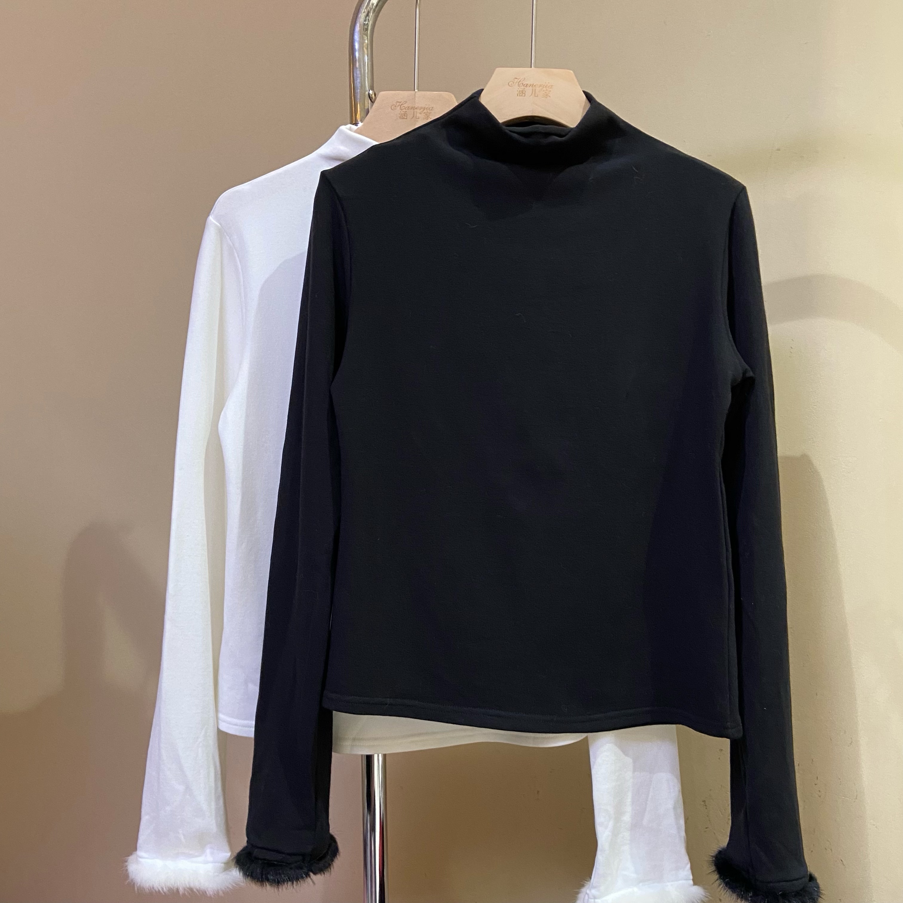 涵儿家 冬季简约半高领毛边打底上衣