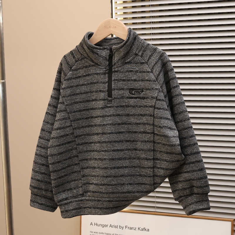 男童加绒卫衣2025新款儿童秋冬装加厚条纹上衣宽松半拉链休闲宽松