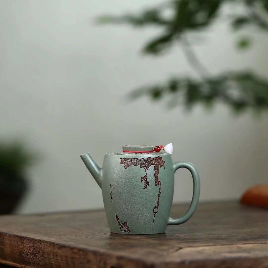 宜兴紫砂壶名家原矿豆青砂飞瀑巨轮茶壶茶具家用小品180毫升