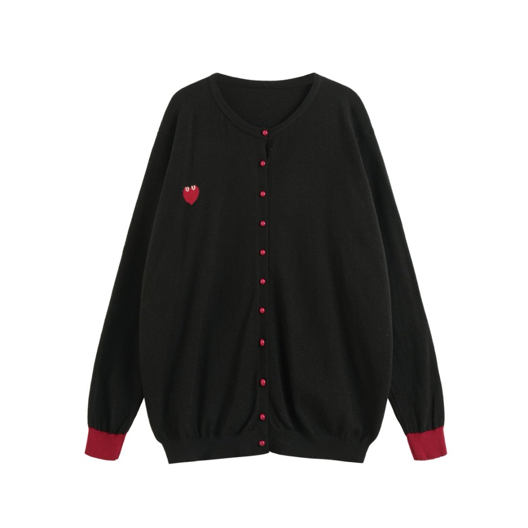 JUANJUAN自制黑色胸口红爱心慵懒毛衣上衣A001