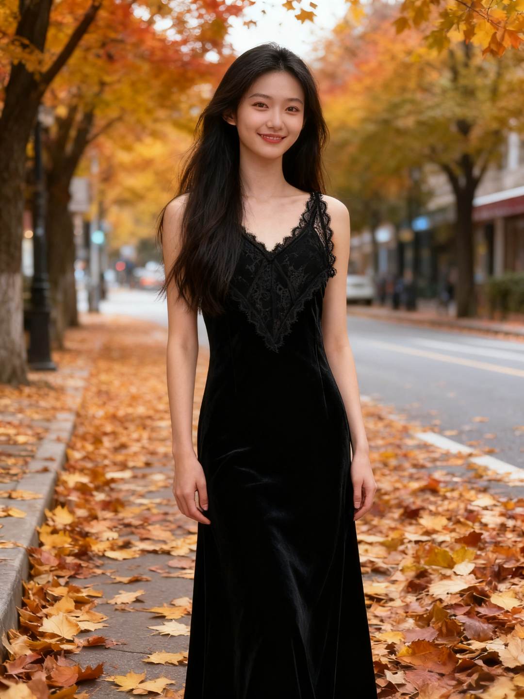 嫚黛雅 Designer 2025秋季新款蕾丝拼接V领丝绒显瘦气质吊带裙