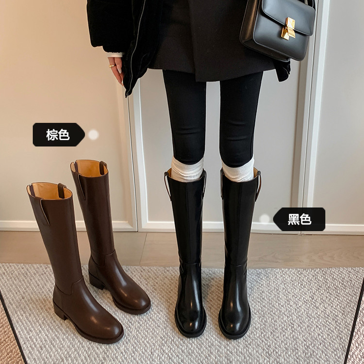 4.5cm【牛皮】 新款平口粗跟圆头长筒靴时装靴骑士靴女秋冬单/绒里