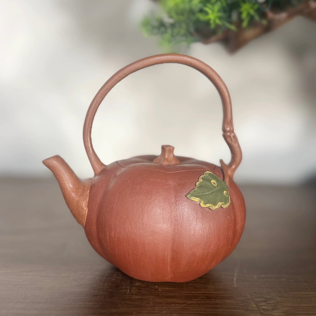 宜兴紫砂壶原矿薄胚老段泥文人器仿生器南瓜提梁200CC精品